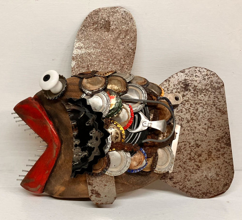WOOD CARVED FISH covered with found objects by Steve Meadows