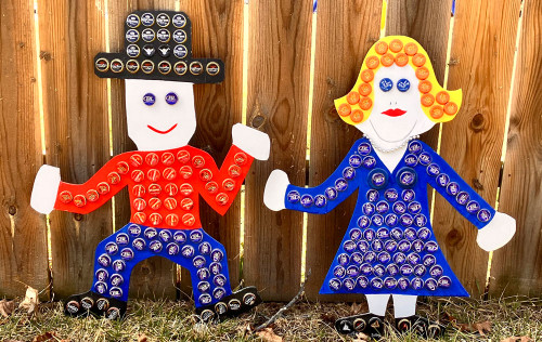 BOY & GIRL - HEAVY WOOD CUTOUTS - Trimmed w/ Bottle Caps