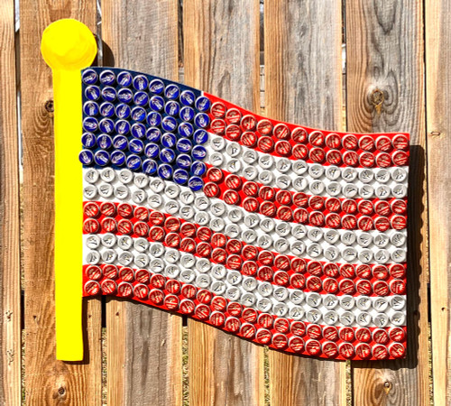 FLAG - RED - WHITE - BLUE BOTTLE CAPS ON WOOD CUTOUT