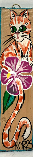 CAT & FLOWER PAINTING on Fence Picket (#17) by NOR