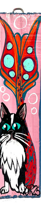 BLACK & WHITE CAT (#10). Painted on Recycled Pence Picket by NOR