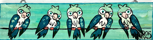 FIVE BIRDS (#24) on Recycled Fence Picket by Nina O'Reilly