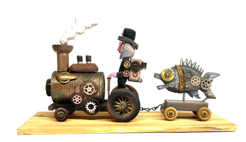 STEAMPUNK MAN on TRACTOR pulling FISH on a Trailer by Butch Winchar
