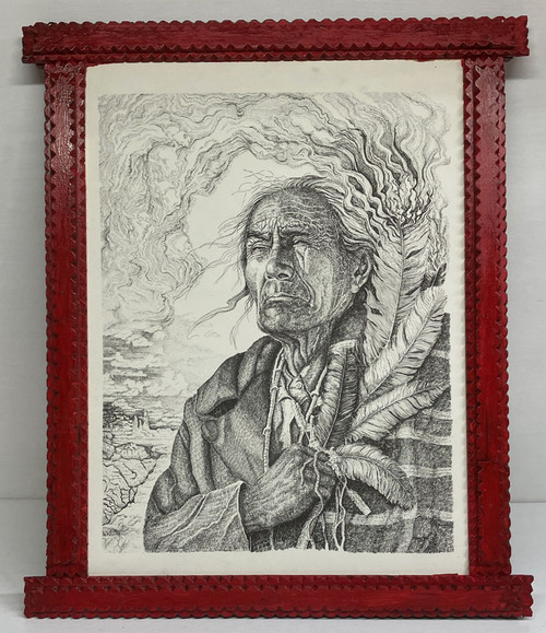 TRAMP ART FRAME with Lithographed Indian drawing -- by Pops Casey
