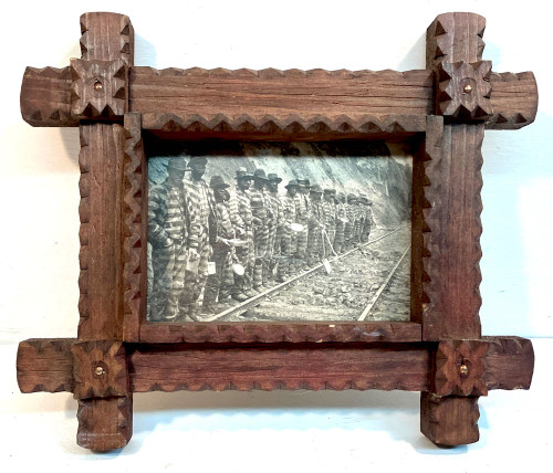 CHAIN GANG Black & White Lithograph in TRAMP ART FRAME