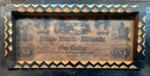 Repro ILLINOIS & MICHIGAN CANAL FUND - One Dollar Bill in a Tramp Art Frame