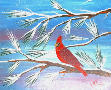 REDBIRD in the Snow - Oil Painting by Norm - Was $60 - Now $45