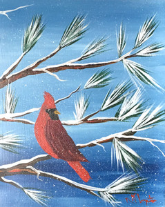 REDBIRD in the Snow - Vertical -  Oil Painting by Norm - Was $60 - Now $45