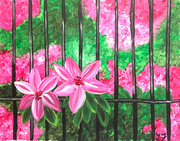 "OUT of the GARDEN" Flowers and Fence - Artist Unknown