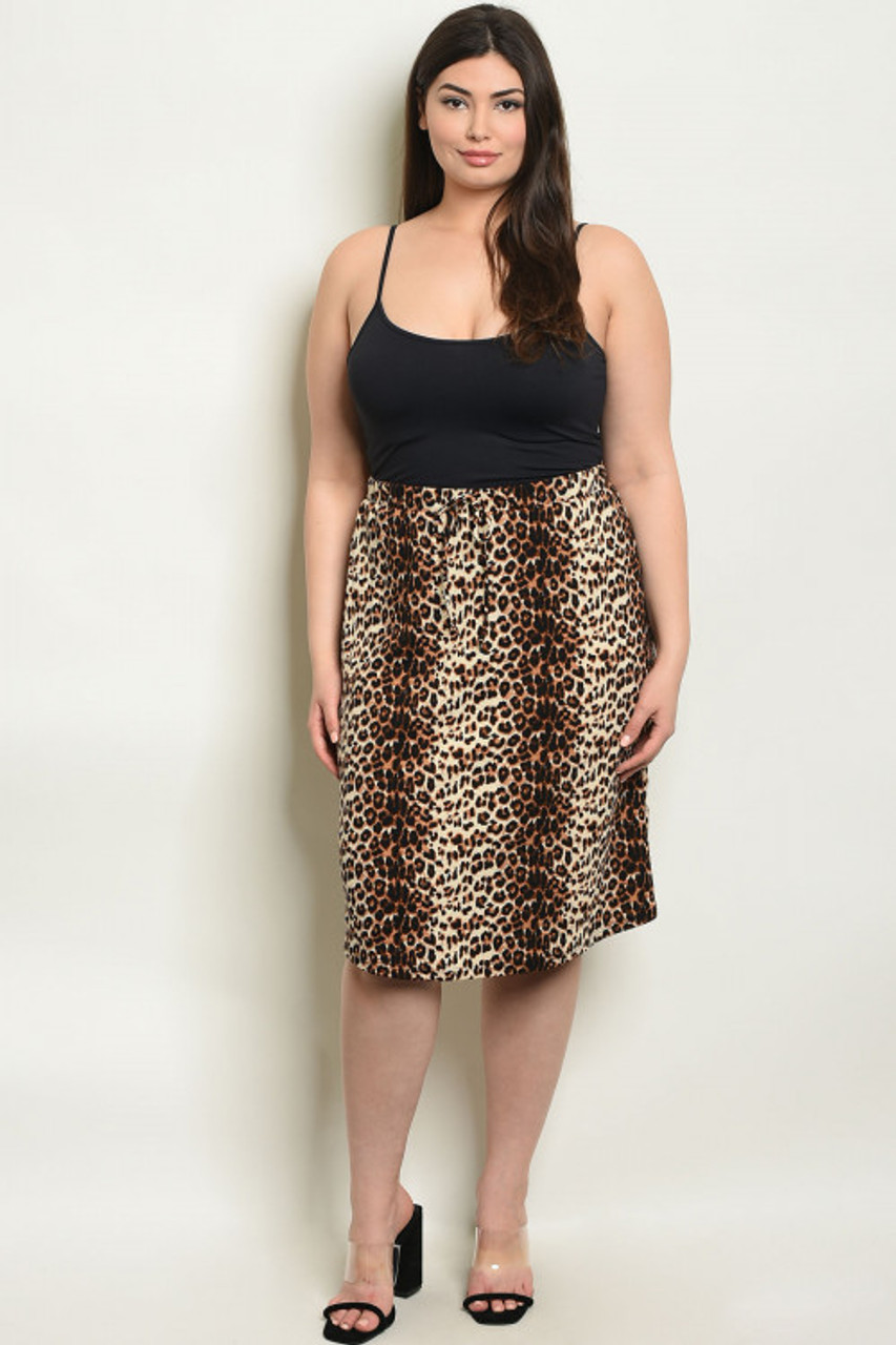 Womens Fashion Plus SIze Leopard Skirt with Elastic Waist Draw String