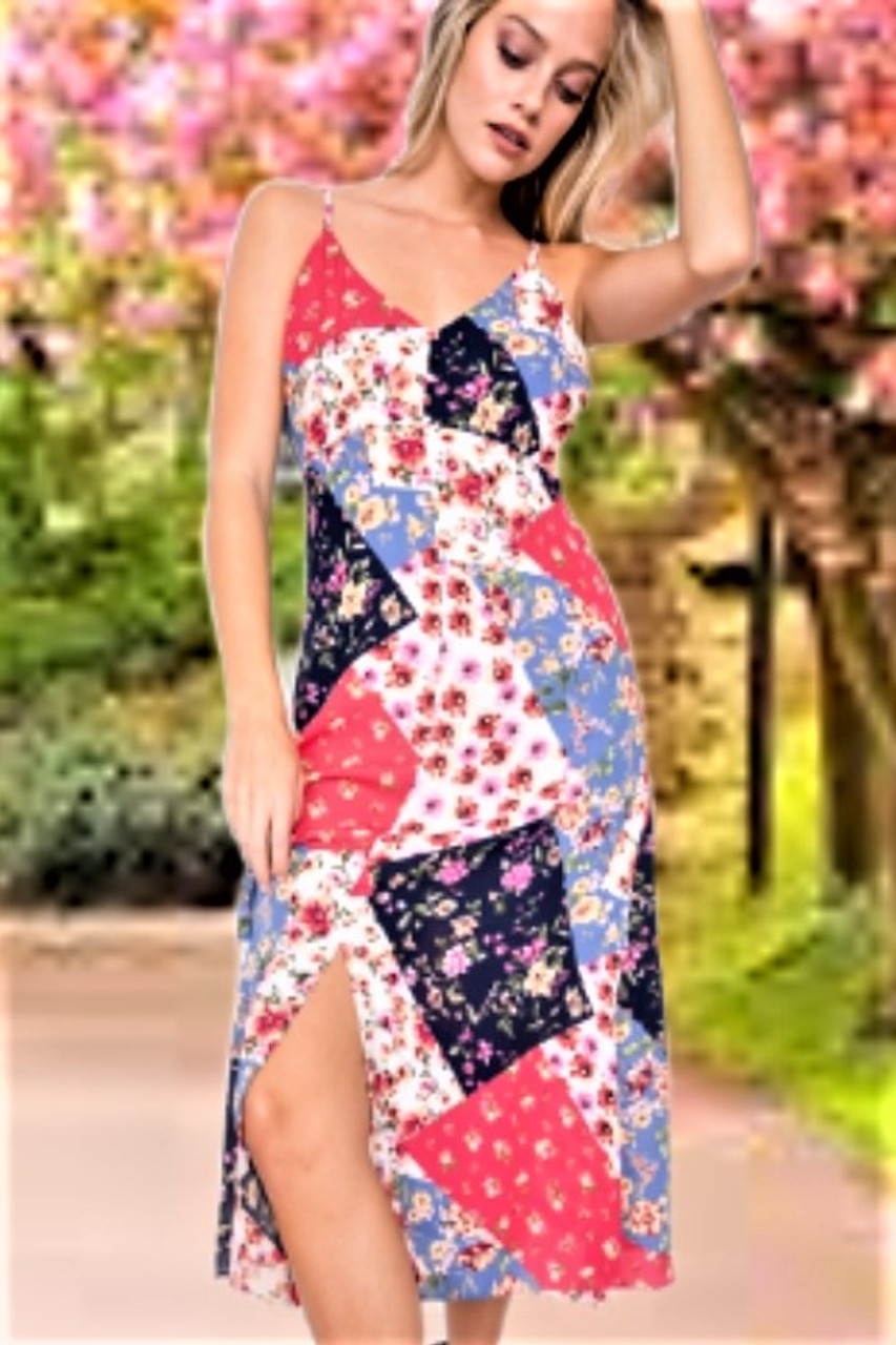 Multi Colored Quilt Patch Floral Midi Dress