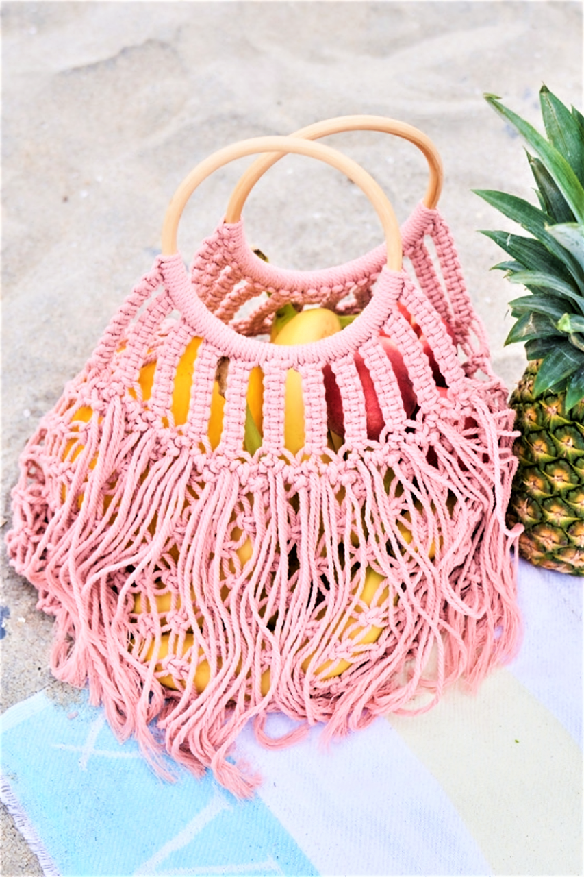 Pink Net Front Cable Fringe Wooden Handle Bag