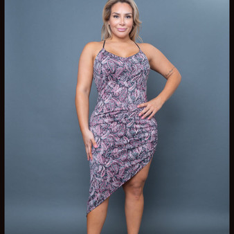 Plus Size Pretty in Pink & Purple Paisly Asymmetrical Ruched Spaghetti Strap Dress!