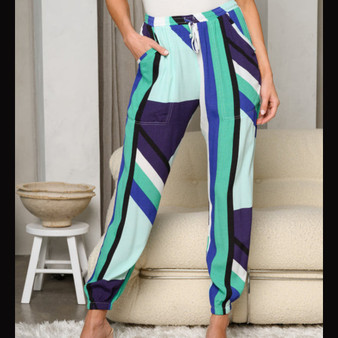 Multi Color Blue Green White Casual Pants
