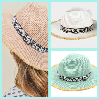 Frayed Trim Aztec Western Straw Hats