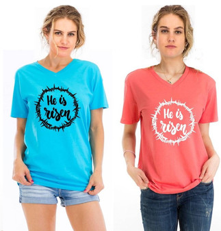 He is Risen T-Shirt in Blue & Coral