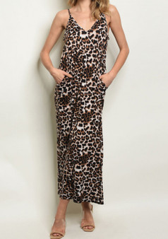 Womens Fashion Sleeveless V-neck leopard print loose maxi dress with side pockets