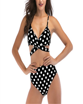 Womens Fashion Classic Black & White Poka Dot 2 Piece Swim Suit