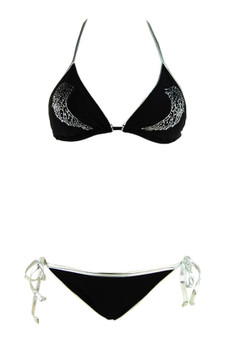 Womens Fashion Bikini Black with Silver Trim and Silver Angel Wings with Sparkle Accents.