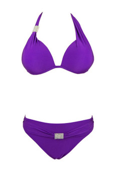 WOMENS FASHION HALTER TOP BIKINI, SCOOP BOTTOM WITH RHINESTONE, SATIN LOOK FABRIC IN PURPLE
