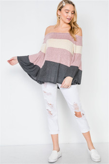 Womens Fashion Color Block in Mauve, Beige, and Grey Sweater off the Shoulders