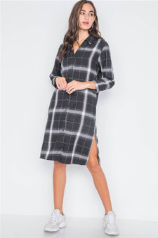 Womens Fashion Black Ivory Plaid Shirt Dress