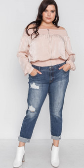Womens Fashion Plus Size Off Shoulder Satin Top in Blush