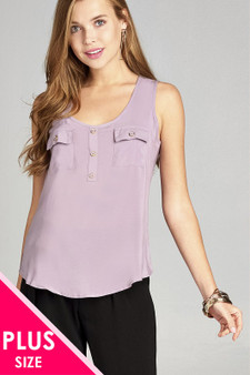 Womens Fashion Plus Size Tank Woven Top with Front Double Pockets & Button Detail in Lilac
