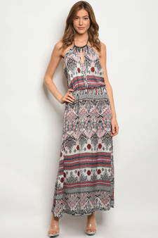 Womens Fashion Multi Colored (Maroon/Black/White/Pink) Boho Maxi Dress with Leaf Jewel Neckline and Elastic Waist!