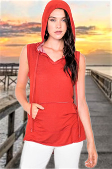 Womens Fashion Red Sleeveless Hooded Front Pocket Muscle Top - So soft to the touch!
