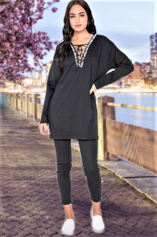 Womens Fashion Casual Black Long Sleeve Graphic Trim Lace-Up Sweater Dress