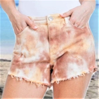 Trending Tie-Dye Taupe & Mocha Colored Denim Distressed Shorts