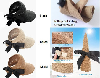 Adjustable Open Top Straw Sun Visor Hats in Black, Beige, & Khaki