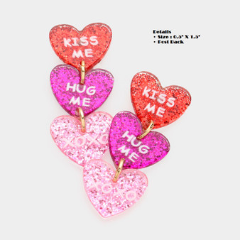 Glitter 3 heart Dangling Earrings with Love Message