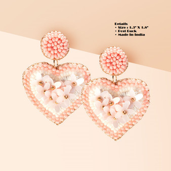 Pink Beaded Heart Earrings