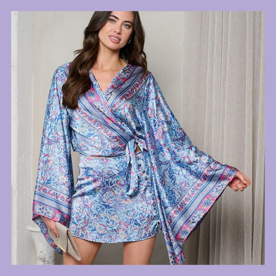 Satin Kimono Inspired Floral 2 Piece Skirt Set