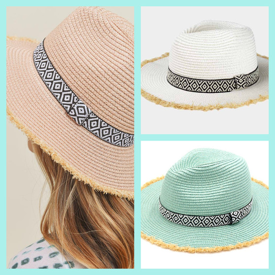 Frayed Trim Aztec Western Straw Hats Frayed Trim Aztec Western Straw Hats