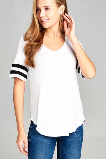 Womens fashion double striped sleeve v-neck rayon spandex top