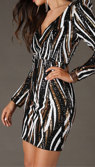 Runway Fashion Sequins Dress with Puff Shoulders in Gold, White & Black Design