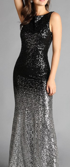 Beautiful Sequins Gown Black to Silver Ombre to the floor length and sleeveless