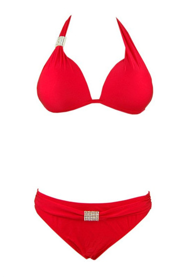 WOMENS FASHION HALTER TOP BIKINI, SCOOP BOTTOM WITH RHINESTONE, SATIN LOOK FABRIC IN RED