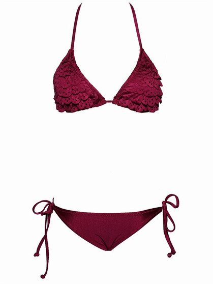 WOMEN FASHION TRIANGLE TOP BIKINI WITH LASER HEART CUT OUTS AND TIE SIDE BOTTOM