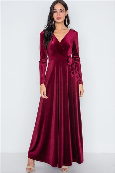 Womens Fashion Dressy Velvet Long Wrap Dress in Burgundy