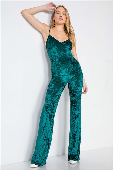 WOMENS FASHION EMERALD GREEN CRUSH VELVET JUMPSUIT WOMENS FASHION EMERALD GREEN CRUSH VELVET JUMPSUIT