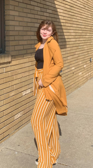 Womens Fashion Mustard and White Crepe Pinstripe Pants