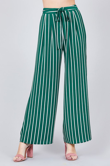 Womens Fashion Green and White Crepe Pinstripe Pants with Tie Waist