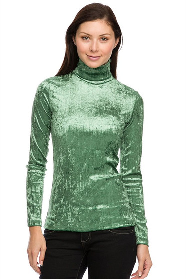 Womens Fashion Green Small & Plus Size Crushed Velvet Turtle Neck Long Sleeve Top