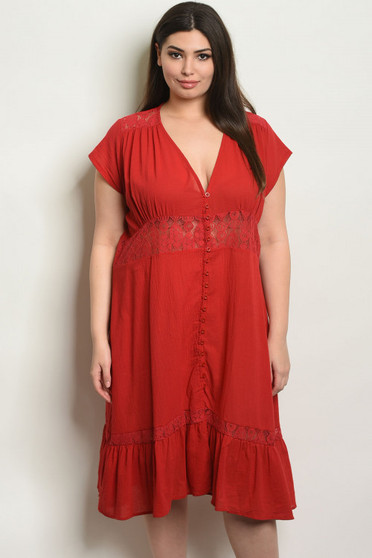 Womens Fashion Plus Size Ruffle Bottom Button Down Dress with Pattern little Peek a Boo Design near the bottom and under the chest area in Brick Red color