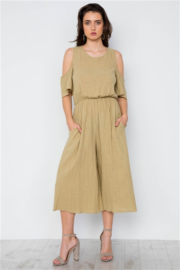Womens Fashion Beige Capri Cold Shoulder Romper/Jumpsuit