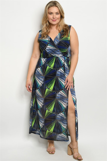 Womens Plus Size Fashion Blue Green Dress